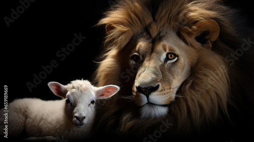 A depiction of the Lion and the Lamb side by side against a black background