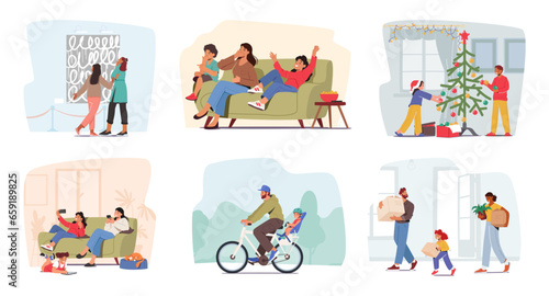 Set Family Scenes With Parents And Children Characters Visit Art Exhibition, Watching Movies, Decorate Christmas Tree
