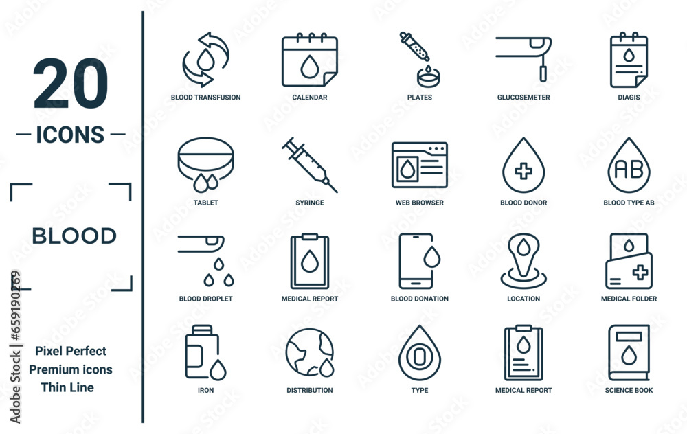 blood linear icon set. includes thin line blood transfusion, tablet ...