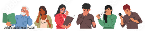 Set of Young and Old People with Tired or Sick Eyes. Male and Female Characters With Vision Problems Vector Illustration