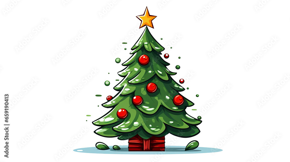 Green Christmas tree on a white background in cartoon style. Design for cover, children's books, postcards. Minimalism. Green Christmas tree on a white background in cartoon style. Design for cover, children's books, postcards. Minimalism.