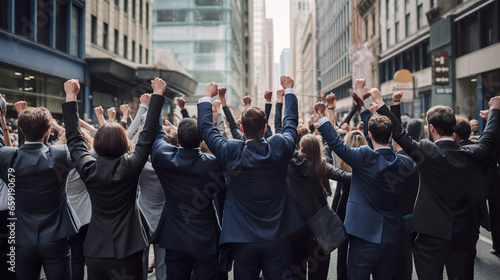 A crowd of business people seen from behind, celebrating in the street photo