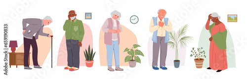 Chronic health problems and pain of elderly set vector illustration. Cartoon grandfather and grandmother suffering from chest and head, stomach and back ache, diagnosis for weak senior people