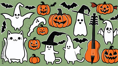 Happy Halloween set of elements, ghost, pumpkin, bat and cat. Vector is cute illustration in hand drawn style Generative AI