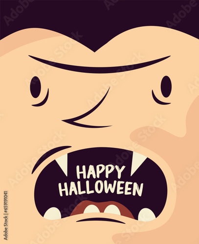 Trendy minimalistic Halloween poster with drakula and modern typography. Festive background, cover, sale banner, flyer design. Template for advertising, web, social media