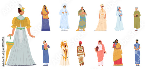 Set Of Female Characters Wearing Historical Costumes. Women Dressed As Victorian Lady, Wear Native American, Indian