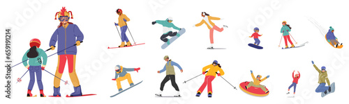 Set Characters Engage In Vibrant Winter Sports In A Snowy Wonderland. People Skiing, Snowboarding, Sliding, Ice Skating