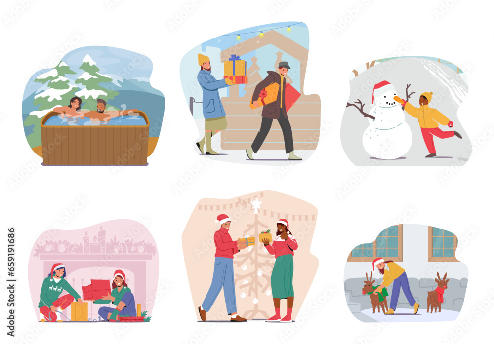 Set Winter Activities and Routines. Characters Relax in Outdoor Baths, Buying Holiday Gifts, Decorate House Yard Set Winter Activities and Routines. Characters Relax in Outdoor Baths, Buying Holiday Gifts, Decorate House Yard
