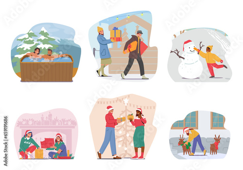 Set Winter Activities and Routines. Characters Relax in Outdoor Baths, Buying Holiday Gifts, Decorate House Yard