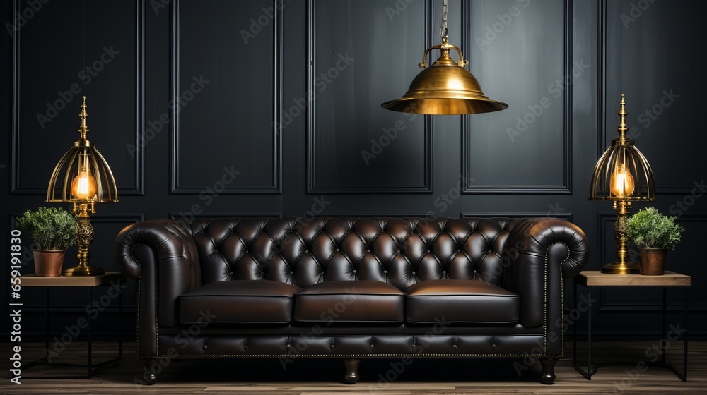Black leather tufted sofa near dark paneling wall. Generative AI