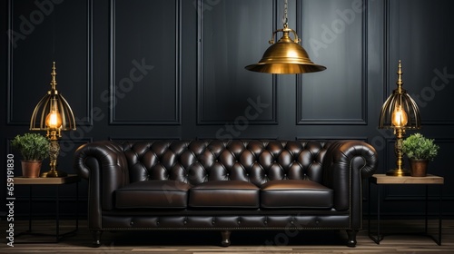 Black leather tufted sofa near dark paneling wall. Generative AI © ProVector