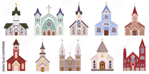 Set Of Catholic Churches, Featuring Stunning Architectural Diversity, Intricate Stained Glass Windows, And Peaks