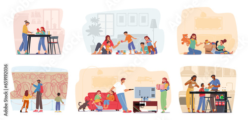 Set of Family Scenes. Parents and Children Characters Cooking, Playing with Toys, Visit Museum, Watching Movies