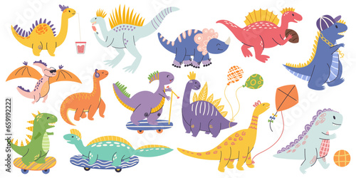 Adorable Dinosaur Characters, Playful, Colorful Children Designs, Featuring Friendly Vibrant Dinos In Various Poses