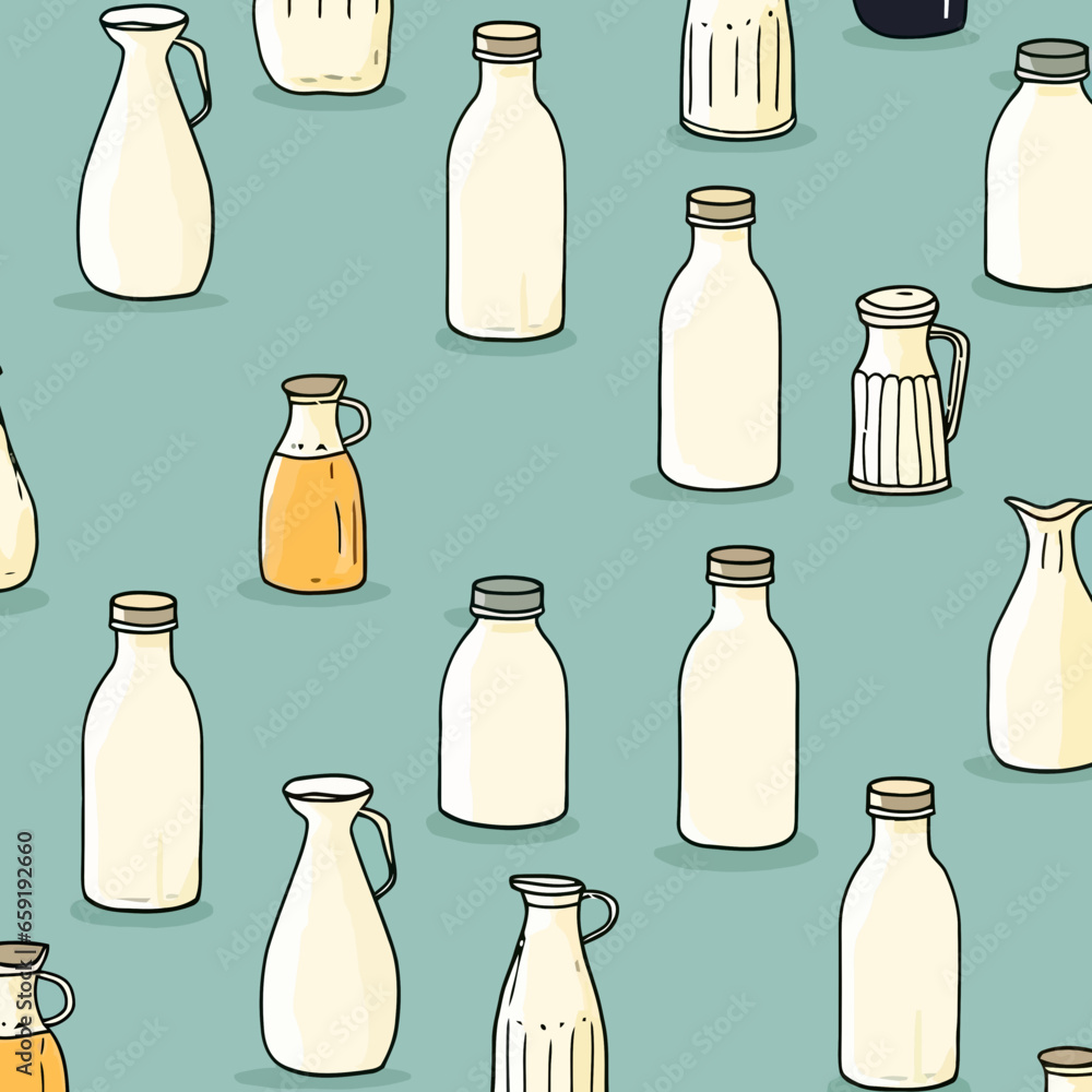 Milk jugs and bottles pattern, background, hand-drawn cartoon flat art Illustrations in minimalist vector style Milk jugs and bottles pattern, background, hand-drawn cartoon flat art Illustrations in minimalist vector style