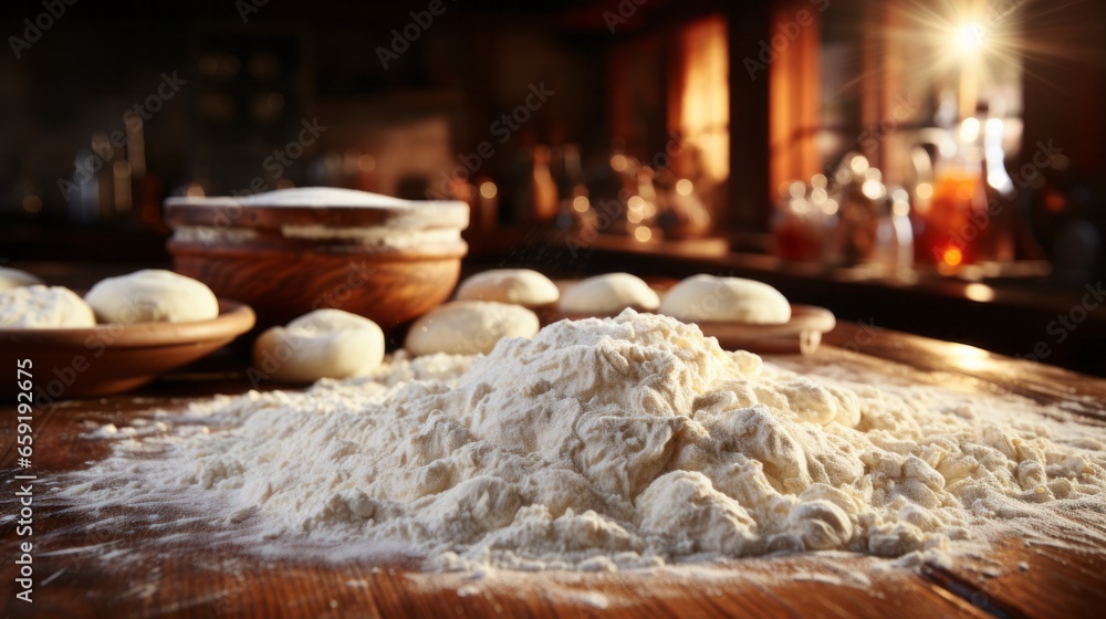 Fototapeta premium Blurred kitchen countertops with a rolling pin. Generative AI