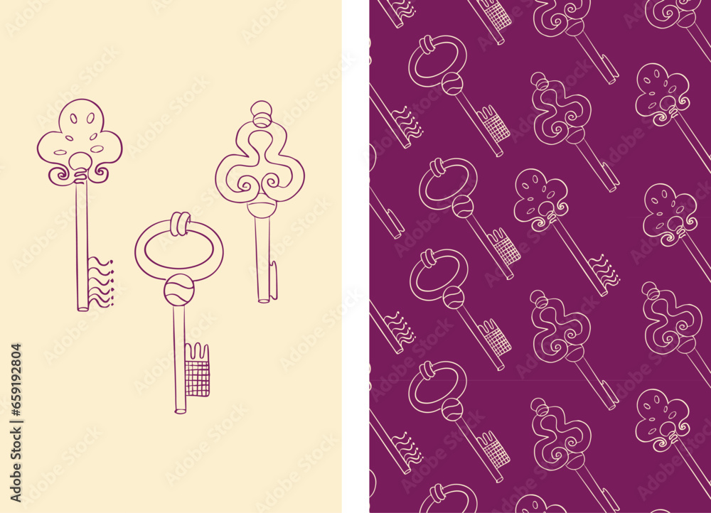 Vintage door keys isolated on colored background. Set of vector pattern and print with keys, draw in a linear style. Cream and purple background. Vector illustration