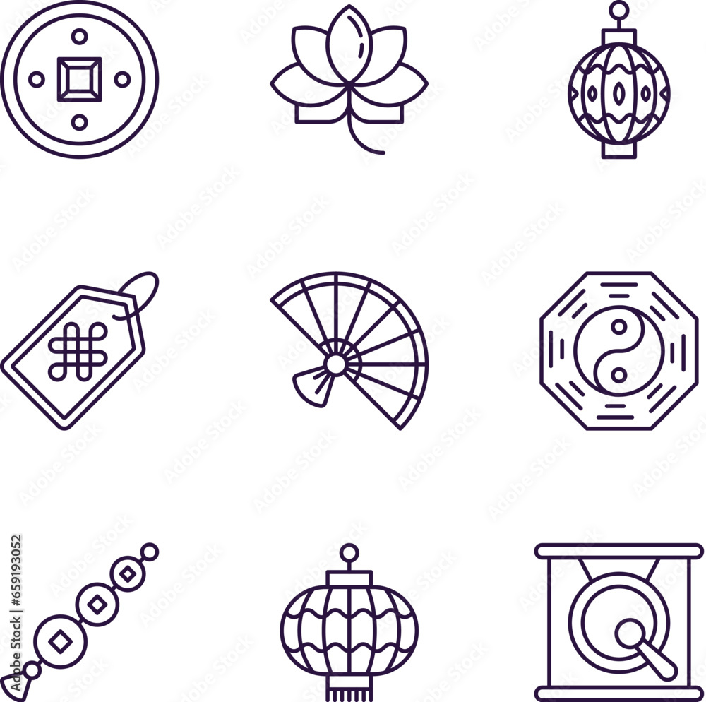 Vector line icon set for design, apps, banners, web sites. Editable strokes. Outline symbols of various elements, related to Chinese New Year Vector line icon set for design, apps, banners, web sites. Editable strokes. Outline symbols of various elements, related to Chinese New Year