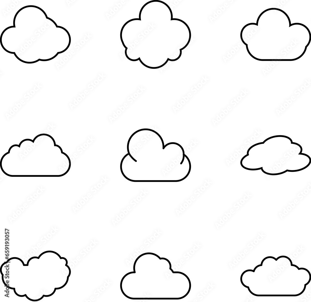 Vector line icon set for design, apps, banners, web sites. Editable strokes. Outline symbols of simple different clouds Vector line icon set for design, apps, banners, web sites. Editable strokes. Outline symbols of simple different clouds