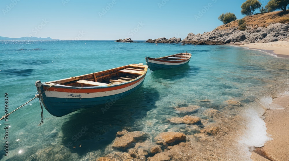 Boats near the beach top view. Generative AI Boats near the beach top view. Generative AI