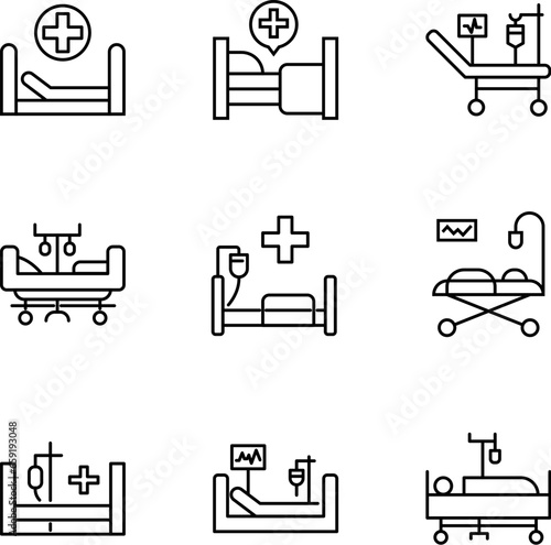 Vector line icon set for design, apps, banners, web sites. Editable strokes. Outline symbols of hospital beds with medical cross and dropper
