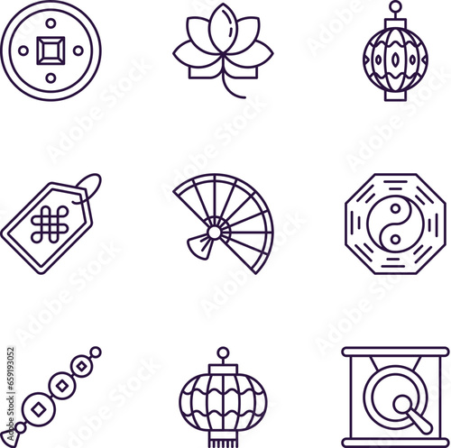 Vector line icon set for design, apps, banners, web sites. Editable strokes. Outline symbols of various elements, related to Chinese New Year