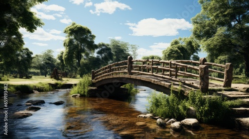 Bridge gracefully spanning across a flowing river. Generative AI