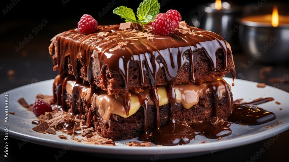 Brownie cake with melted chocolate on top. Generative AI Brownie cake with melted chocolate on top. Generative AI