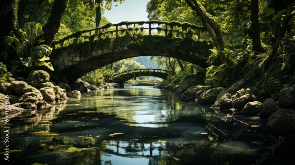 Fototapeta premium Bridge spanning a river amidst lush trees and plants. Generative AI