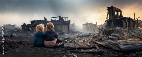 kids sitting in front of city burned destruction of an aftermath war conflict, earthquake or fire and smoke of political world war against children innocence concept as banner with copyspace photo