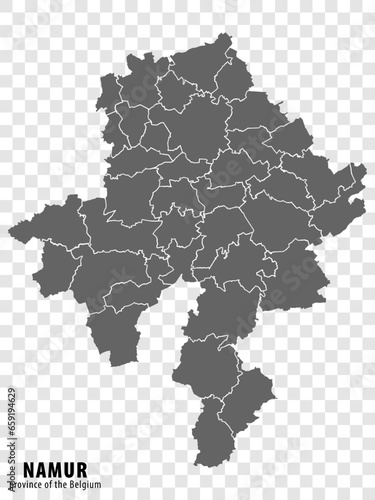 Blank map Province Namur of Belgium. High quality map Namur with municipalities on transparent background for your web site design, logo, app, UI. EPS10.
