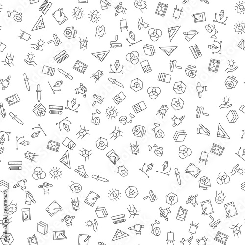 Lamp, Dropper, Intersected Circles, Computer, Pencil Vector Seamless Pattern for websites, wrapping, printing backgrounds and other purposes