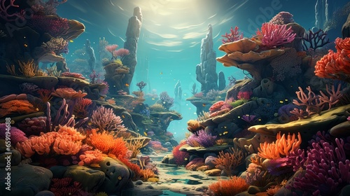Cartoon illustration of a coral reef with fish adding. Generative AI © ProVector