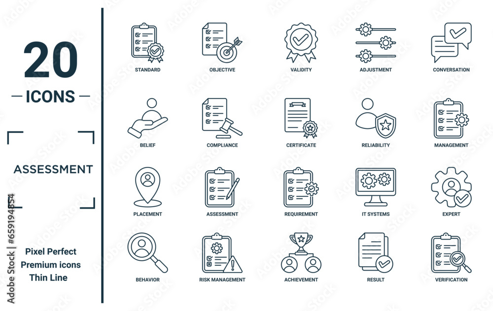 Vetor de assessment linear icon set. includes thin line standard ...