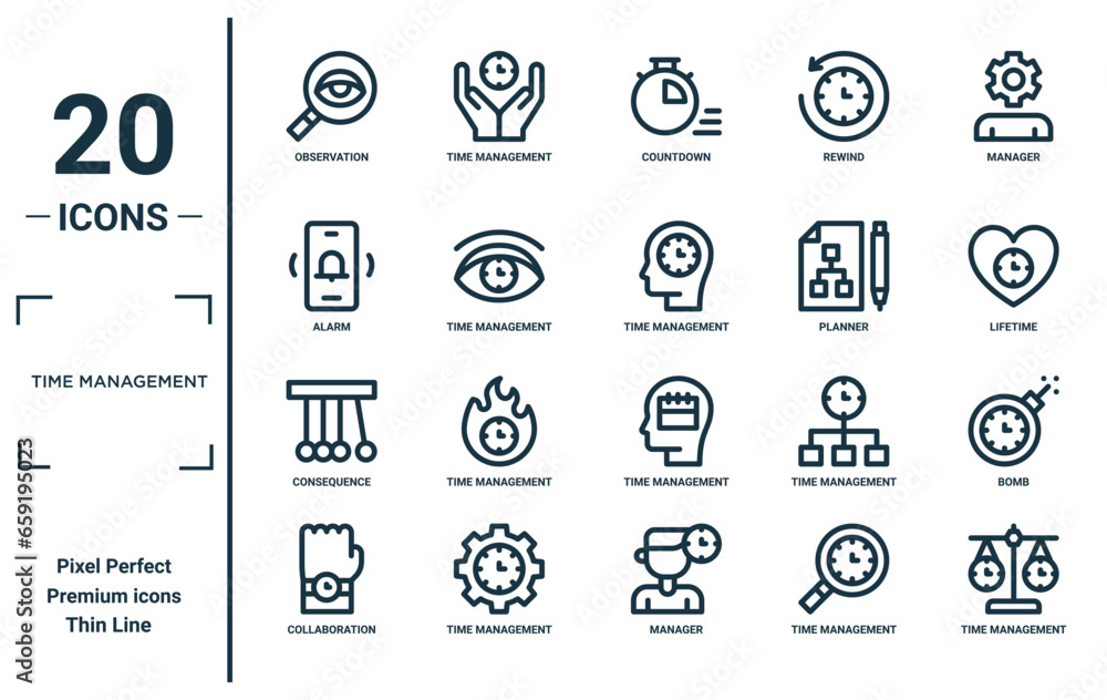 time management linear icon set. includes thin line observation, alarm ...