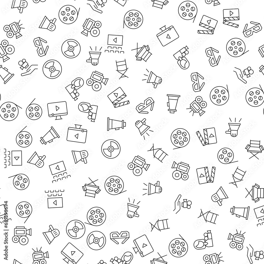 Video Camera, Actress, Movie, Clapper Board, Loud Speaker Seamless Pattern for printing, wrapping, design, sites, shops, apps Video Camera, Actress, Movie, Clapper Board, Loud Speaker Seamless Pattern for printing, wrapping, design, sites, shops, apps