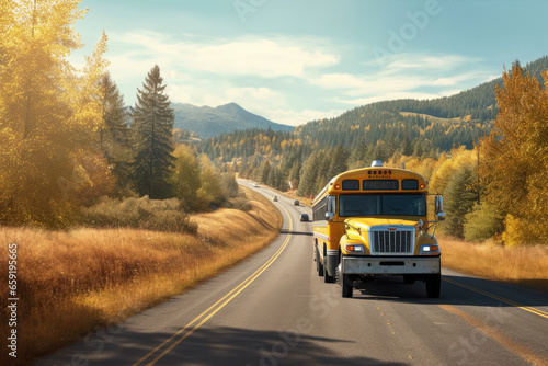 A school bus travels on a highway in a rural area of Washington, representing the daily commute and transportation of students. Generative Ai, Ai.