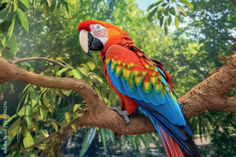 Tropical beauty of a macaw perched on a branch, its vibrant feathers capturing your attention. Generative Ai, Ai.