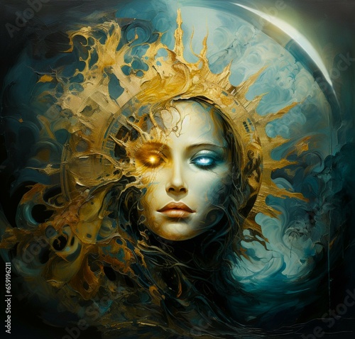 romantic fantasy of sun and moon, sun with eyes, the shine of sun and the moon in the eyes, moon in back up, in the style of romantic fantasy, dark gold and dark cyan 