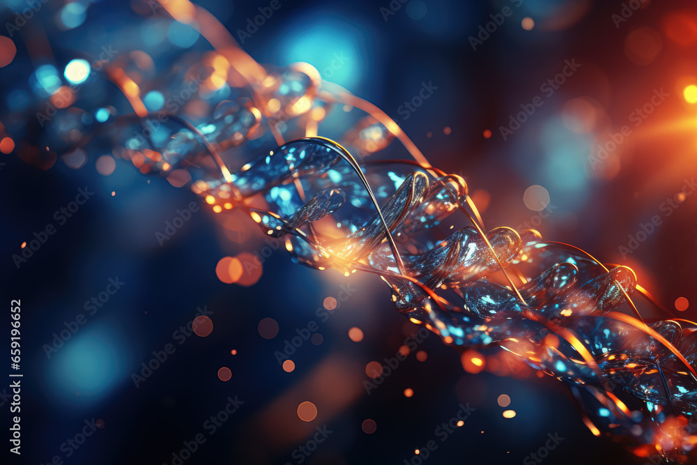 Science-themed template, wallpaper, or banner featuring DNA molecules. Generative Ai. - obrazy, fototapety, plakaty 