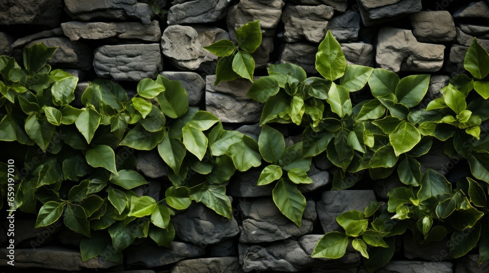 Close-up of a stone wall adorned with green leaves. Generative AI - obrazy, fototapety, plakaty 