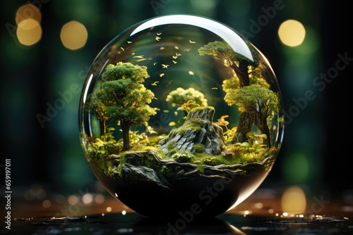 Showcasing a glass globe placed within a green forest, adorned with icons representing the environment, ESG (Environmental, Social, and Corporate Governance), CO2 emissions. Generative Ai.
