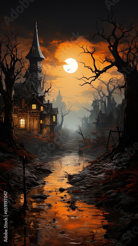 Fantastic night landscape background for Halloween. Ai generative art © Tatyana Olina