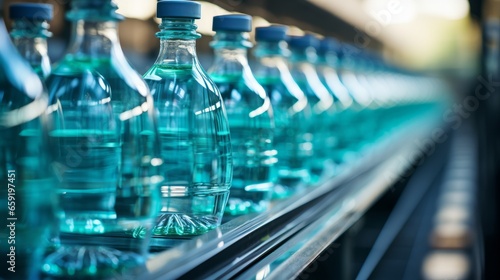 Closeup of bottles of bottled water in a factory. Generative AI
