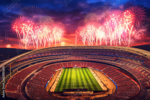 Soccer venue and pyrotechnics display. Customer and spectator satisfaction attractions. Marketing-driven events. Boosted business income. The concept of fireworks and audience draw.