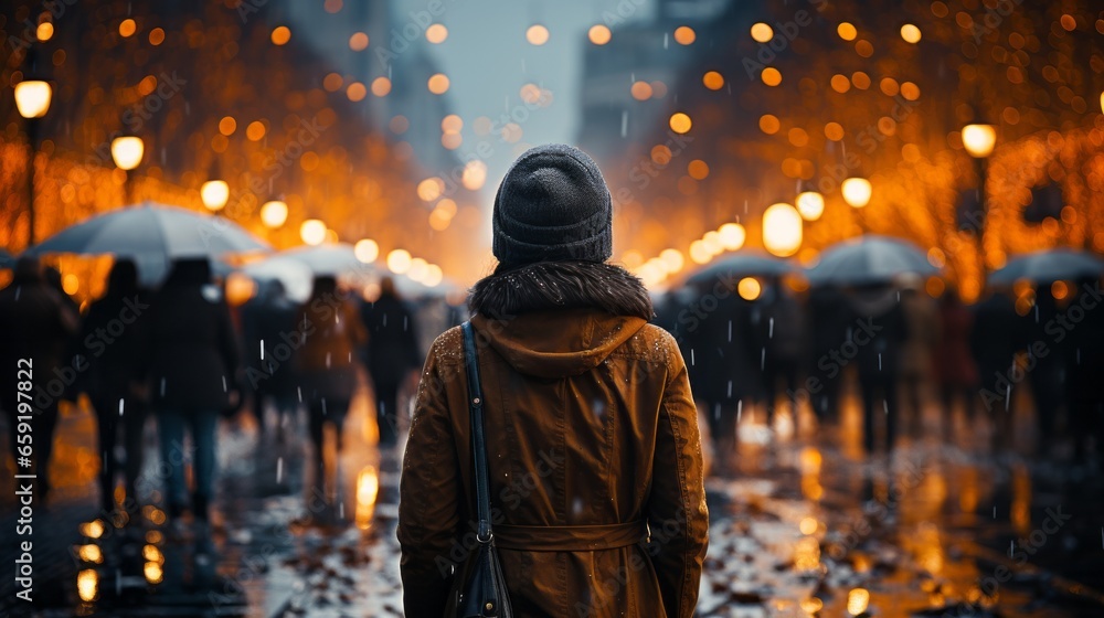 Cold and rainy weather in city - people hide under. Generative AI Cold and rainy weather in city - people hide under. Generative AI