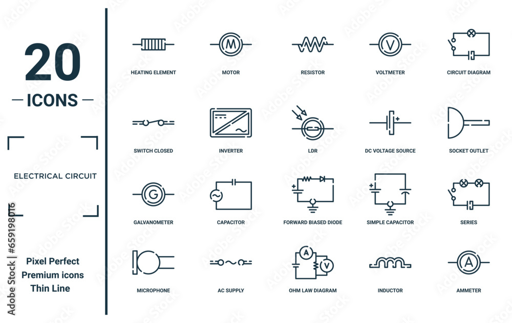 electrical circuit linear icon set. includes thin line heating element ...