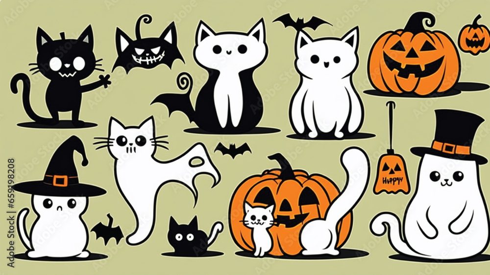 Obraz premium Happy Halloween set of elements, ghost, pumpkin, bat and cat. Vector is cute illustration in hand drawn style Generative AI
