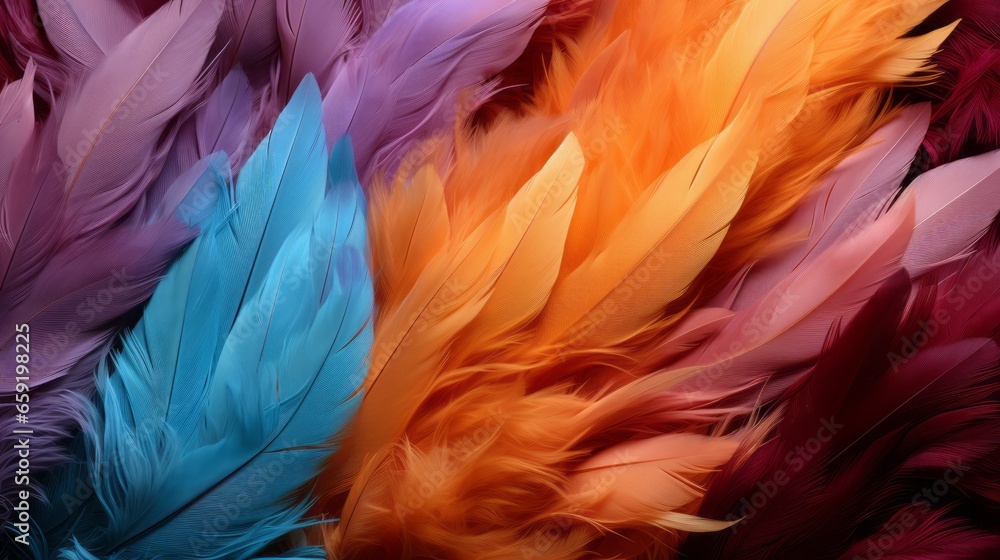 Colorful feather background close-up. Generative AI Colorful feather background close-up. Generative AI