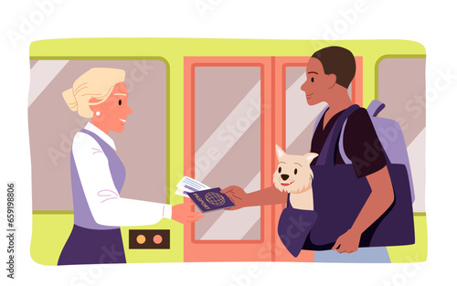 Traveling with dog by train, bus vector illustration. Cartoon man and dog in bag carrier travel, male passenger character giving tickets for him and pet in luggage to female conductor at checkpoint
